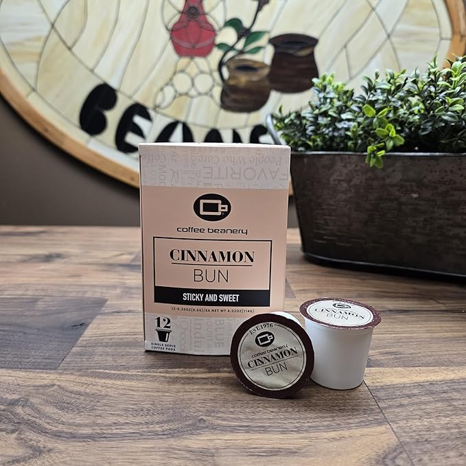 Cinnamon Bun Flavored Coffee Pods by Coffee Beanery | 12ct Medium Roast Arabica Coffee Pods