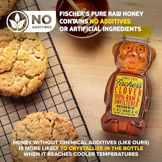Fischer's Clover Honey, 12 Oz – 100% Pure, Raw & Unfiltered Honey – Squeezable Bear Bottle – Gluten-Free, Non-GMO – All-Natural Sweetener