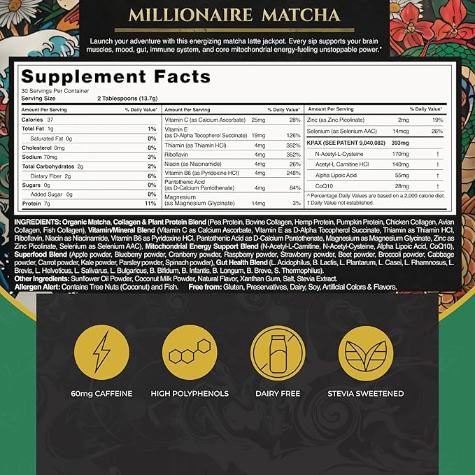 K* PAX Millionaire Matcha – Latte Powder for Focus & Mitochondrial Energy – Ceremonial Grade | Keto | Dairy-Free – 30 Servings