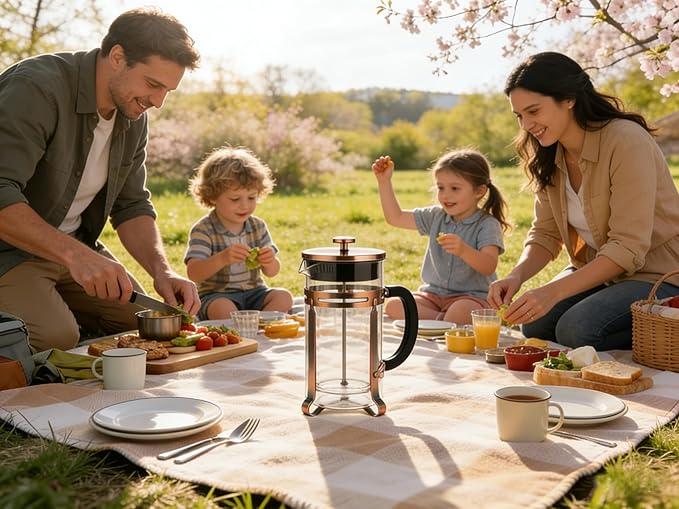 Coffee Maker 304 Stainless Steel French Press with 4 Filter, Heat Resistant Durable, Borosilicate Glass Coffee Press, 100% BPA Teapot, 21 ounce, copper