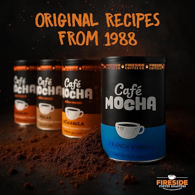 Fireside Coffee Butter Rum Café Mocha - Flavorful Instant Coffee Chocolate Blend - Premium Caffeinated Drink Mix for Hot, Iced, Milkshake, and Mocha Frappe Mix, Only Add Water and Enjoy, 8 Ounces