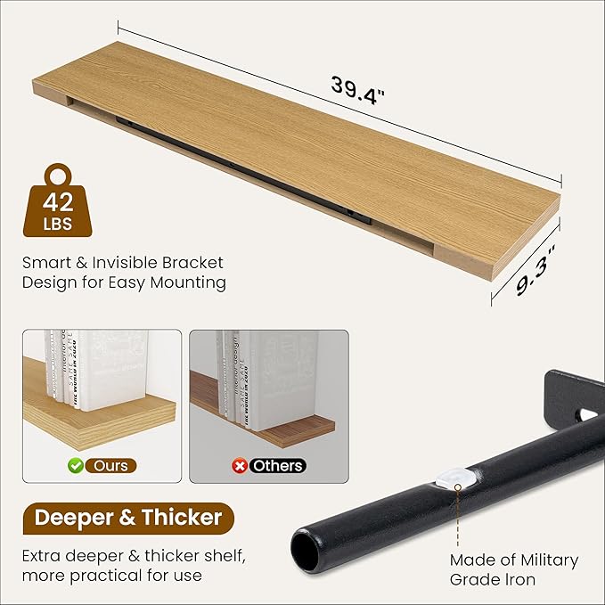 Fun Memories 40 Inch Deep Floating Shelves for Wall, 2 Pack of Wall Mounted Wood Shelves with Invisible Brackets for Bathroom, Bedroom, Kitchen Decor and Storage, Oak