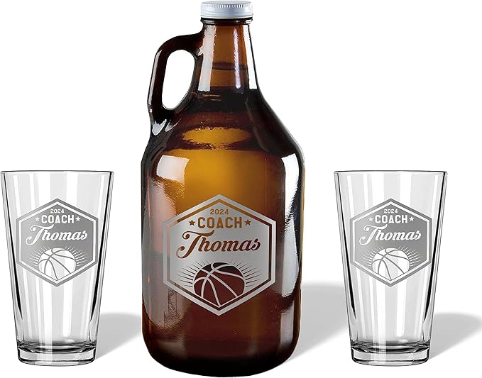 Basketball Coach Beer Glasses - Basketball Coach Gifts Personalized Coach Pint Glass Engraved Coach Award Basketball Beer Glass End of Season Gifts Coach (Basketball, Growler Gift Box)