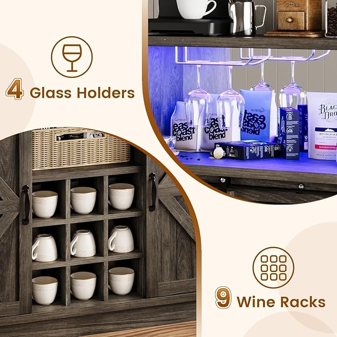 4ever2buy Farmhouse Coffee Bar with LED Lights, 47 inch Coffee Bar Cabinet with Storage, Wine Bar Cabinet with Glass & Wine Racks for Living, Dining Room, Grey