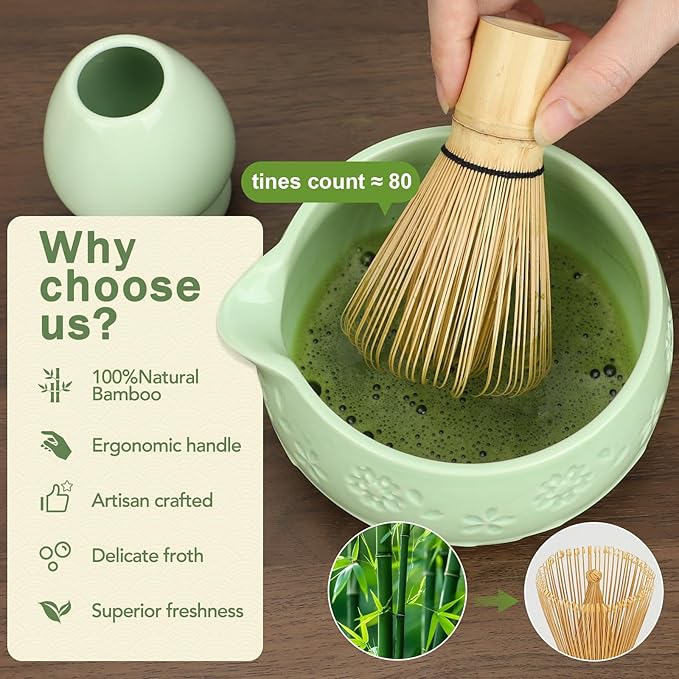 Matcha Whisk Set, Ceramic Bowl with Spout, Bamboo Matcha Whisk & Spoon, Chasen Holder, Scoop Rest, Sifter, 8-Pcs Japanese Ceremony Matcha Powder Kit–Christmas Gift for Women-Mint