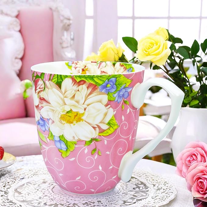 14oz Bone China Coffee Mugs for Women Floral Coffee Mug Tea Cups Novetly Coffee Cups Gift for Women Mom Friends