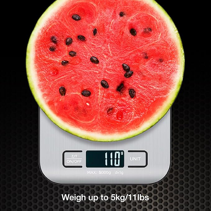 Digital Food Scale with 2 AAA Batteries Trnr-FDSCLE-SLV, Food Scale for Kitchen, Cooking Scale with Zero Tare Option, Kitchen Scale Weighs up to 11 Pounds, Measures in KG, G, LB, OZ, and ML