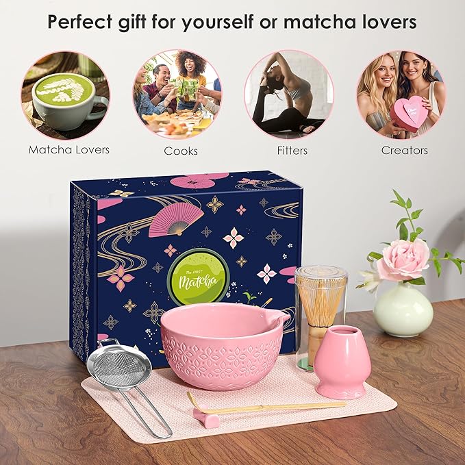 Matcha Whisk Set Matcha Kit - 7 Pcs Japanese Tea Set Includes Matcha Bowl with Spout,Bamboo Whisk with Ceramic Holder,Bamboo Scoop and Rest,Sifter,Tea Towel, for Ceremony Matcha Lovers Gift,Pink