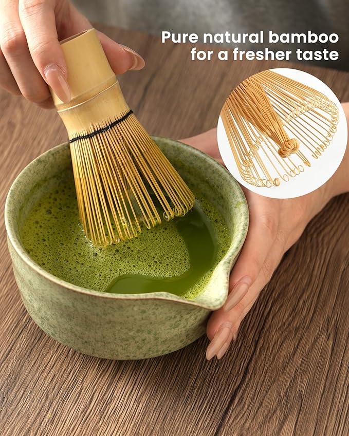 Matcha Whisk Set Ceramic Matcha Kit Set Includes Matcha Bowl, Matcha Whisk and Holder, Bamboo Scoop, Scoop Rest, Sifter and Tea Towel - 7 Pcs Matcha Kit for Matcha Lovers (Matcha Green)