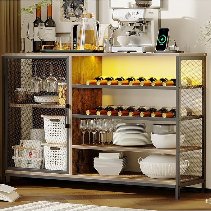 Wine Bar Cabinet with USB Charging & RGB Lights, Modern Liquor & Coffee Bar Station with Adjustable Shelves, Glass Holder, for Kitchen, Living Room, Dining Room