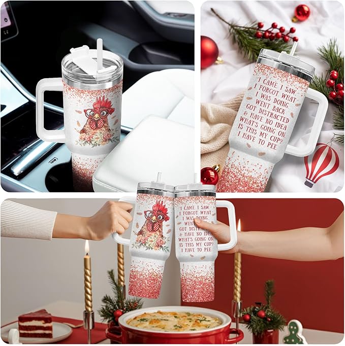 34HD Funny Chicken Tumbler with Handle and Straw, 40oz I Cam I Saw Coffee Mug Stainless Steel, Leakproof Rooster Cup, Chicken Gifts for Chicken Lovers Farmers