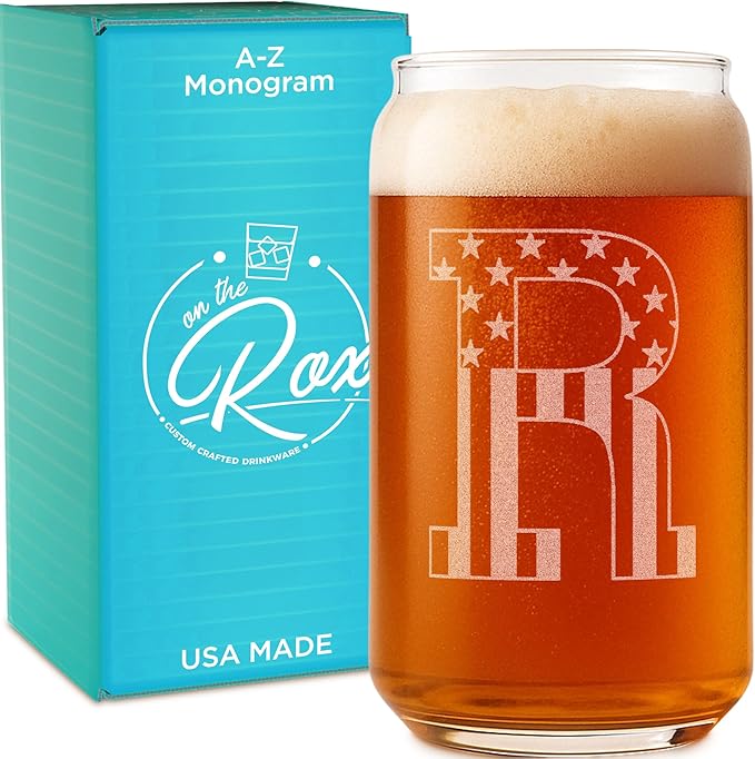 Monogram Beer Glasses for Men (A-Z) 16 oz - Beer Gifts for Men Brother Son Dad Neighbor - Unique Gifts for Him - Personalized Drinking Gift Beer Glass Mugs - Engraved Beer Can Glass (R)