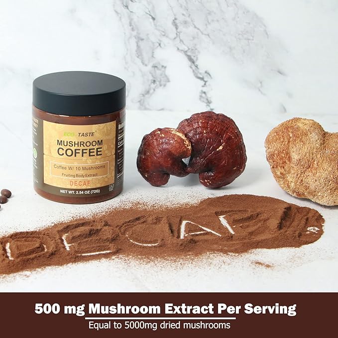 Decaf Mushroom Coffee - 36 Servings, Instant Coffee Mix Includes 10 Mushrooms Extract Powder, 72 Grams