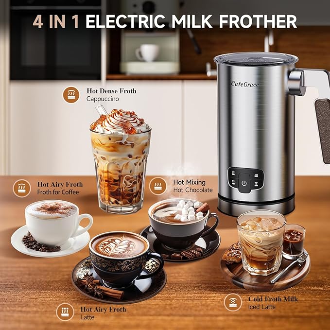 4-in-1 Electric Milk Frother for Coffee, Automatic Warm and Cold Foam Frother, One-Touch Milk Steamer and Frother for Latte Cappuccinos Hot Chocolate, Easy to Clean