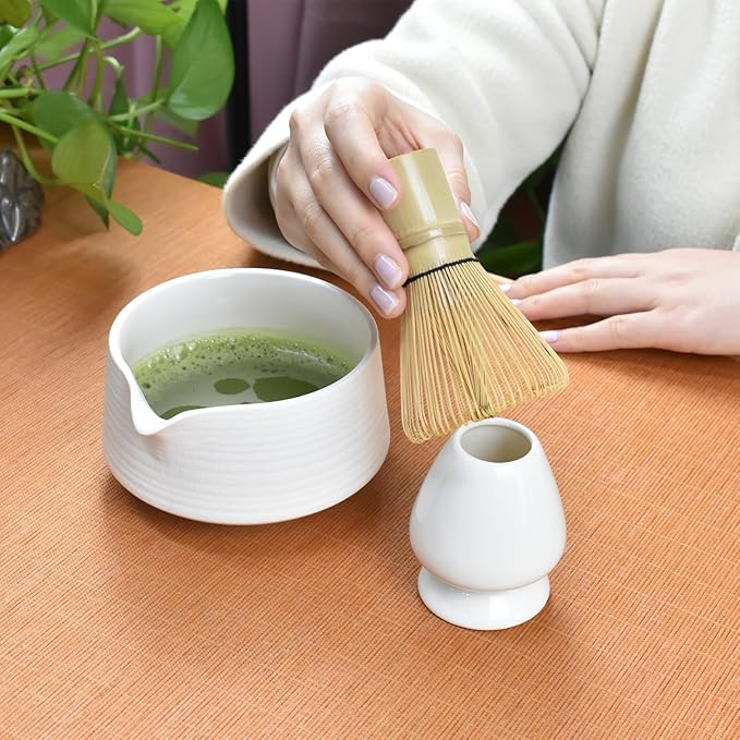 Artcome Matcha Tool Set - Complete Kit with Matcha Bowl with Spout, Bamboo Whisk, Tea Scoop & Whisk Holder, Porcelain White