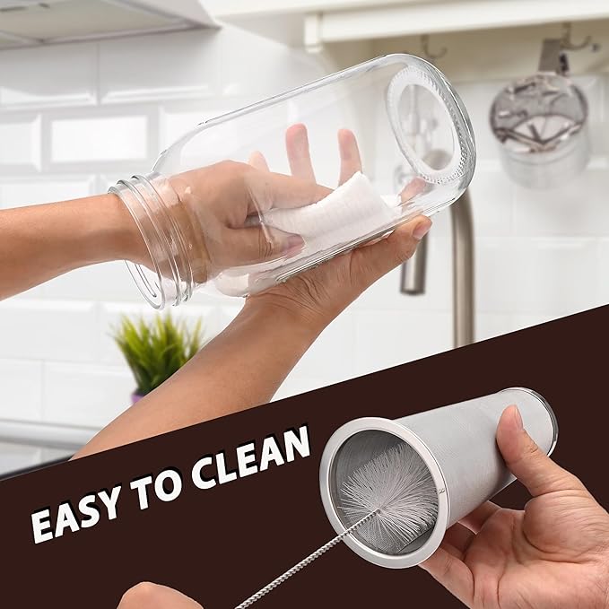 TECHSHARE Cold Brew Coffee Maker Jar 64oz – Heavy Duty Mason Pitcher with Stainless Steel Filter, Wide Mouth Spout Lid & Handle for Iced Coffee, Tea, Lemonade, and Fresh Fruit Drinks