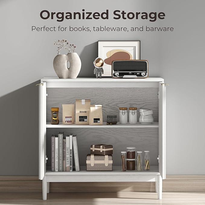 Fluted Cabinet with Storage, Buffet Cabinet Sideborad with 2 Doors, White Buffet Storage Accent Cabinets with Adjustable Shelves for Living Room, Entry, Hallway, Kitchen