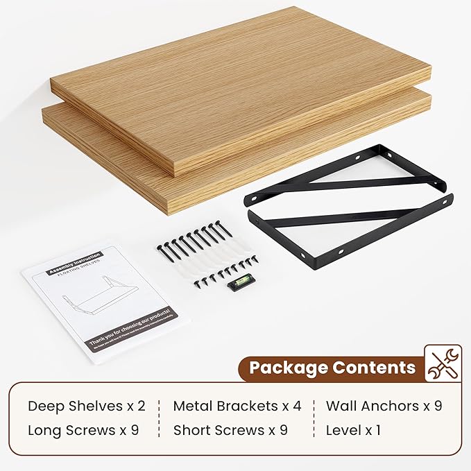 Deep Wall Shelves 16"W x 12"D Engineered Wood Floating Shelves for Wall, Sturdy Metal Bracket Bookshelves Home Decor Storage for Living Room Bedroom Bathroom Kitchen, Set of 2, Oak Finish