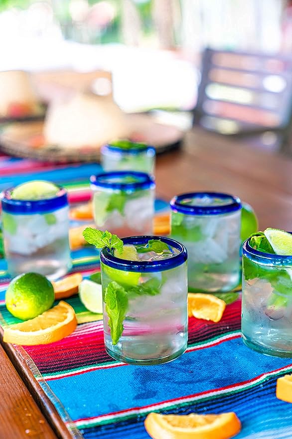 Set of 6 Hand-Blown Tumbler (10 oz) Glasses from Mexico with Cobalt Blue Rim - Rustic & Handcrafted Recycled Bubble Glass Drinking Glassware