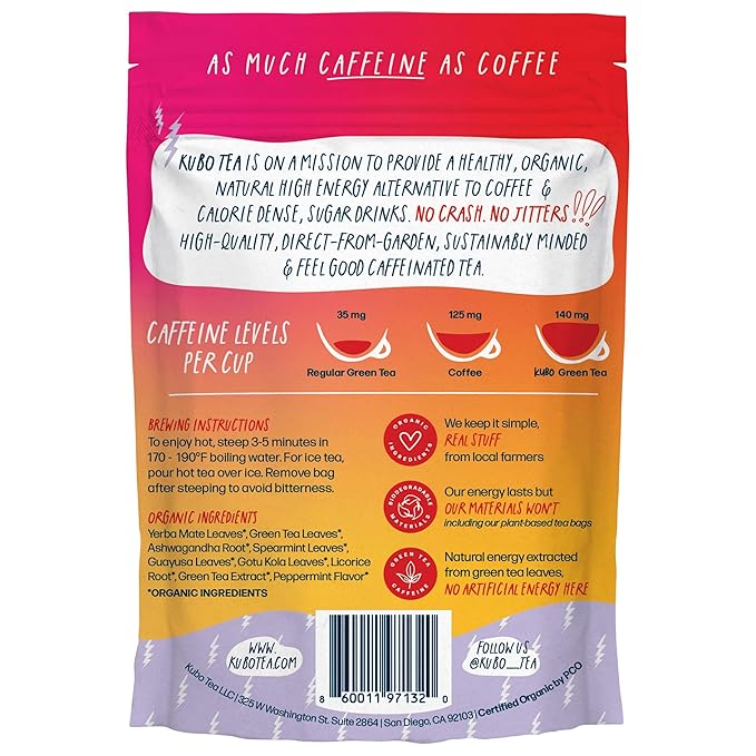 High Caffeine Tea (140 mg) - Kubo Tea: Organic Energize Yerba Mate Green Tea Bags for Clean Energy & Focus | Healthy Coffee Substitute | Ashwagandha Root Blend | 20 Ct | Compostable Packaging