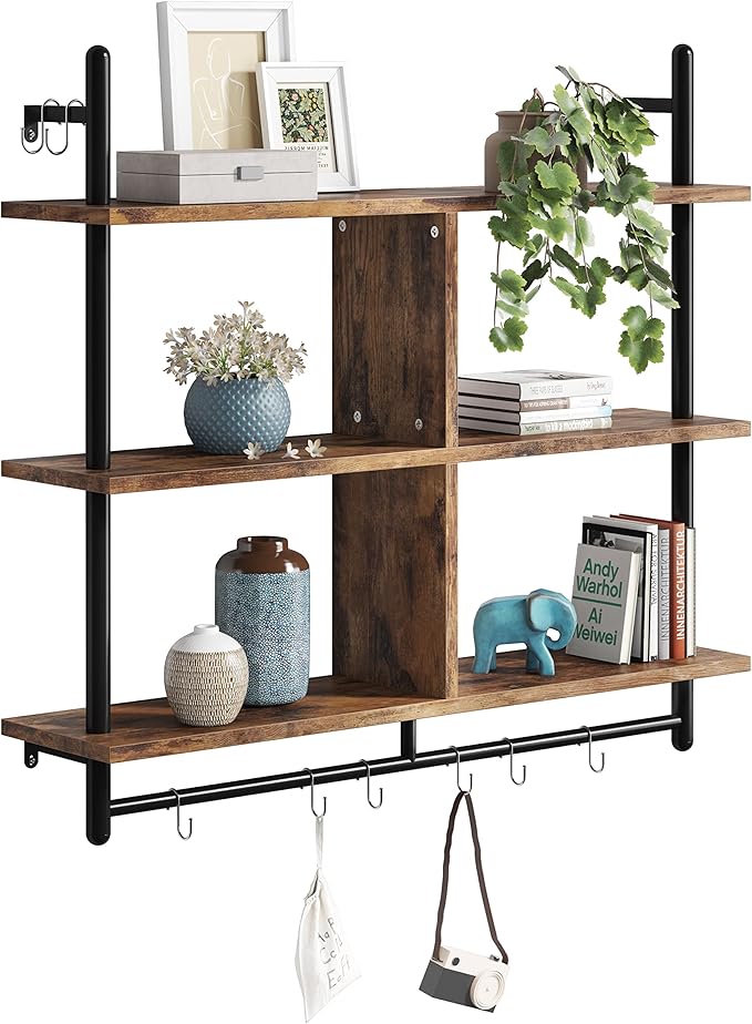 Bestier 41.5" Floating Shelves for Wall 3 Tier Kitchen Shelves Wall Mounted Coffee Bar Shelf Hanging Shelf with 8 Hooks, Industrial Display Pipe Shelving for Kitchen Living Room Bathroom, Rustic Brown