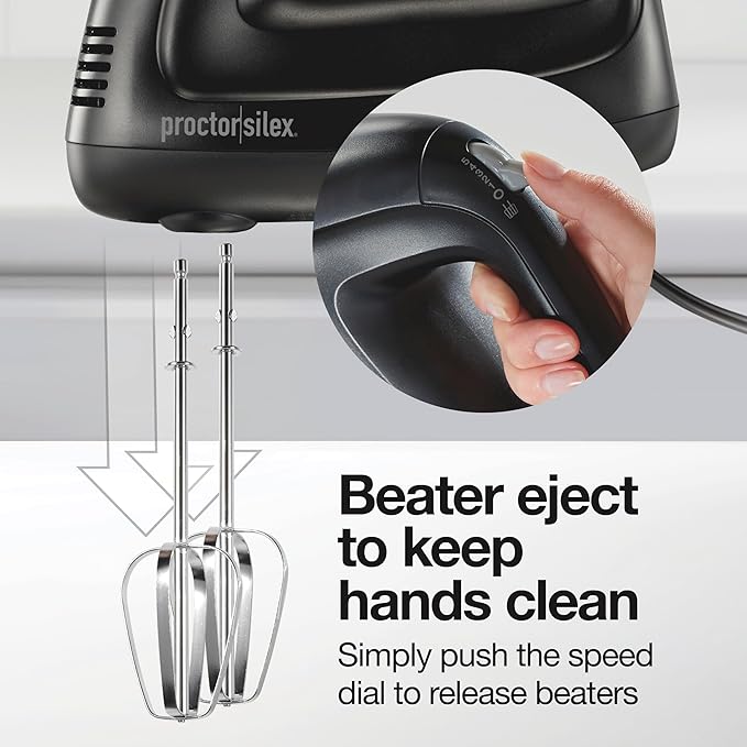 Proctor Silex Easy Mix 5-Speed Electric Hand Mixer with Bowl Rest, Compact and Lightweight, 215 Watts of Peak Power, Storage Case, Black (62512)