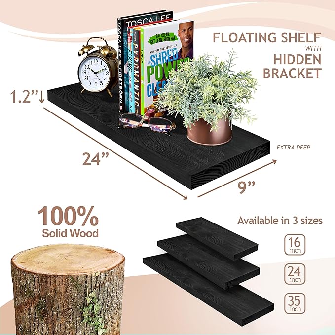 Sorbus Wood Floating Shelves for Wall - 24” Solid Wood Wall Shelves for Bathroom Decor, Books, Bedroom & Living Room - Set of 2 Black Wall Mounted Kitchen Shelves - Durable Solid Pine