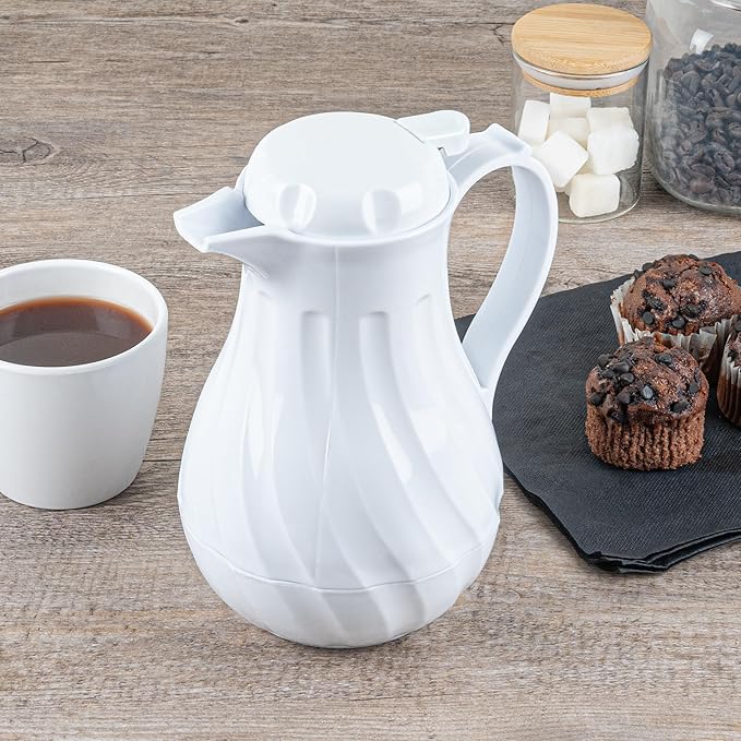 Restaurantware-Restpresso 20 Ounce Coffee Carafe, 1 Insulated Coffee Server - Push-Button Top, Swirl Design, White Plastic Pitcher, Built-In Handle, With Identification Tags