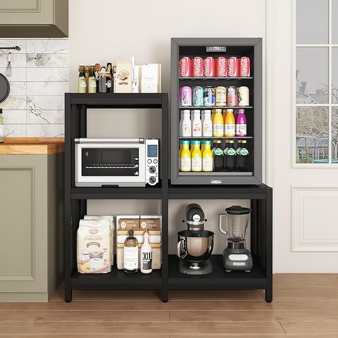 Mini Fridge Stand with Storage, Black Coffee Bar Cabinet with Mini Fridge Space, Microwave Stand and Bakers Rack for Kitchen, Dorm, Office, Home Beverage Station Organizer