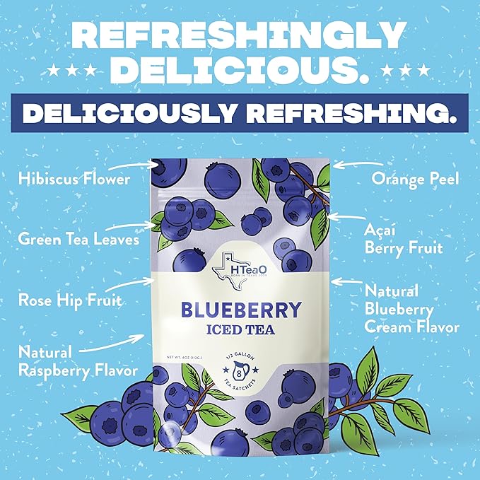 HTeaO Blueberry Green Iced Tea Bags – Makes 8 Gallons in 5 Minutes – Large Loaded Tea Sachets for Parties, Family Gatherings, & Groups – Texas-Style Ice Tea Packets for Quick Brew (16-Count)