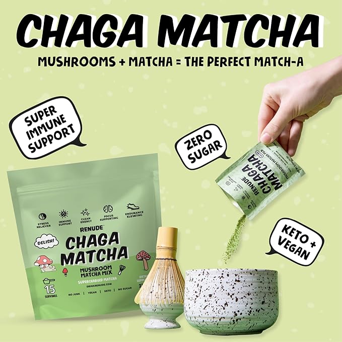 Renude Chaga Matcha - Chaga Mushroom Powder, Ceremonial Grade Matcha Superfood Drink Mix with Adaptogens, Keto, Vegan, Sugar Free, Natural Energy and Immune Support - 30 Servings