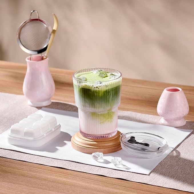 Matcha Whisk Set – Crystalline Glaze Bowl, Bamboo Whisk & Holder, Scoop & Sifter with Holder, Cup with Lid & Straw, Ice Cube Tray & Tea Towel – Pink Matcha Gift Set for Women, Christmas Gifts