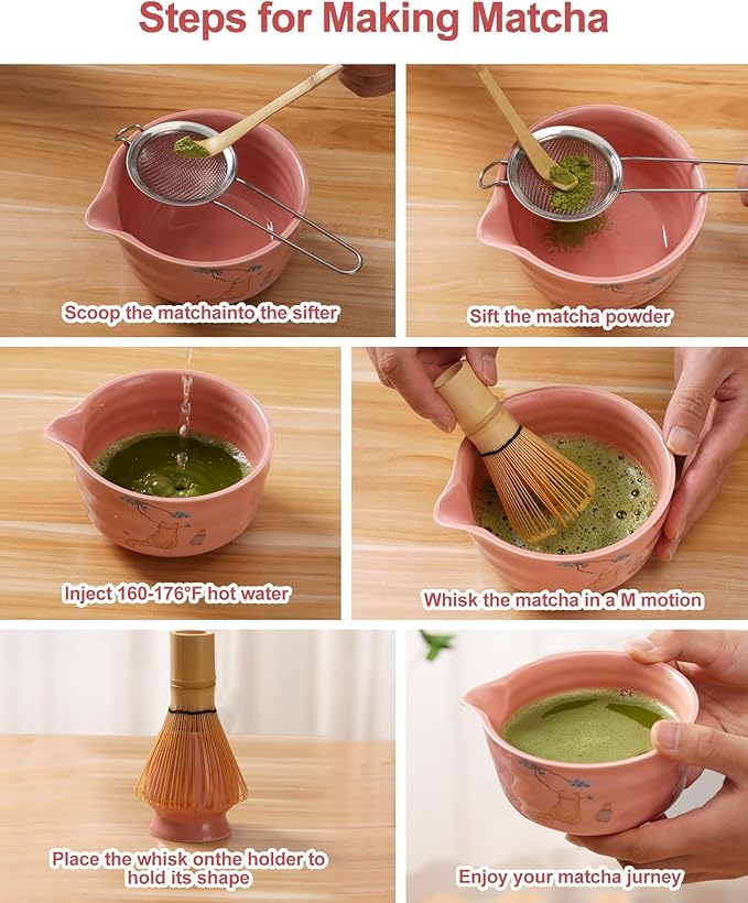 Matcha Set - Japanese Matcha Kit Set 7-Pcs: Ceramic Bowl (Chawan), Matcha Whisk and Holder, Bamboo Scoop, Scoop Rest, Sifter and Towel - Authentic Tea Ceremony Tools for Tea Lovers (Hot Pink)