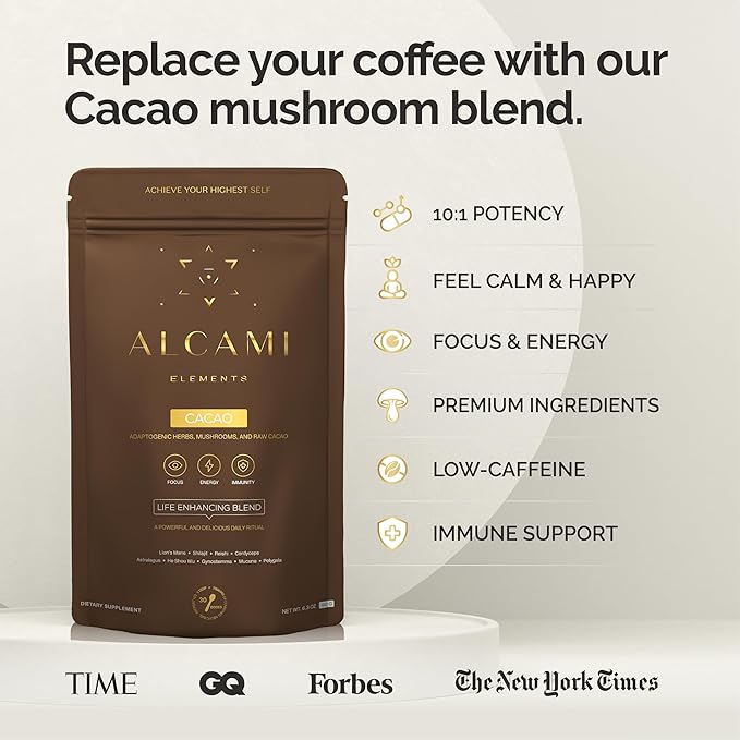 Cacao Mushroom Coffee Superfood Blend, 10X Concentrated Extract, with Lion's Mane, Reishi & Cordyceps, Energy & Focus Support, 30 Servings, Premium Supplement Powder