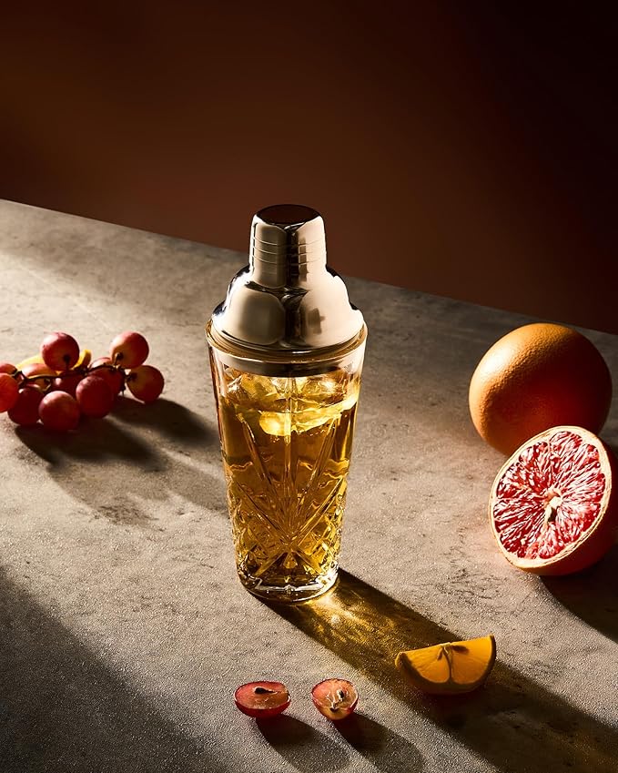 Glass Cocktail &Martini Shaker, 15oz Cutting Design - Exquisite Mixing for Elevated Mixology. Better for Crafting Artisan Esepresso,Juice,Mocktail. (Including Shaker & #SS304 Copper Pourer)