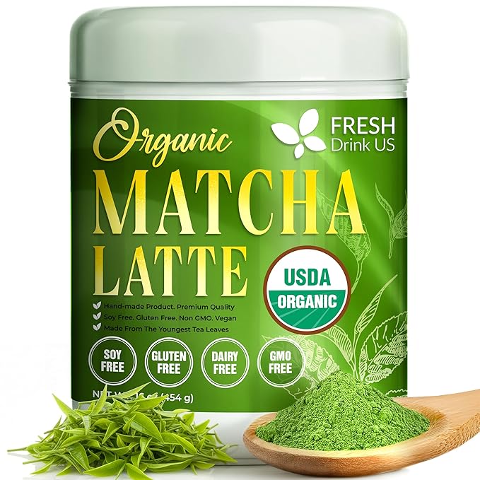 FreshDrinkUS, Matcha Latte Powder 16 oz – Premium Japanese-Style Blend for Smooth, Creamy Matcha Drinks – Perfect for Lattes, Baking, Smoothies & Daily Enjoyment. Vegan