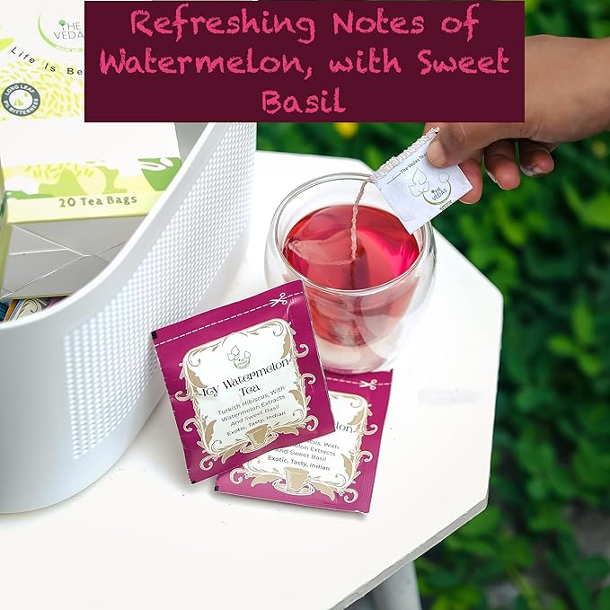 THE VEDAS Icy Watermelon Tea | Herbal Tea with Hibiscus & Sweet Basil - Caffeine Free Herbal Tea - Enjoy Hot or Iced | Biodegradable Cotton Teabags | 40 Tea Bags(Pack of 2)