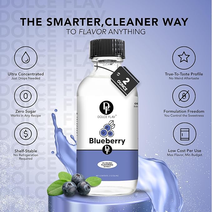Dolce Flav Blueberry Extract – 2 Ounce Oil-Soluble Kosher, Sugar-Free, Concentrated Ripe Blueberry Flavoring for Baking, Chocolates & Desserts, Includes Measured Dropper, Pack of 2