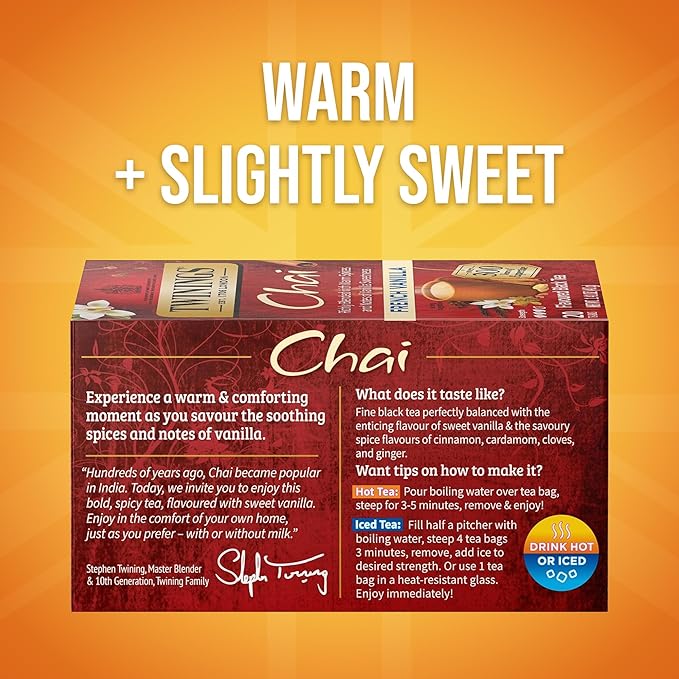Twinings French Vanilla Chai Black Tea Individually Wrapped Bags, 20 Count (Pack of 2), Warm, Sweet & Spicy, Caffeinated, Enjoy Hot or Iced, 20 Teabags