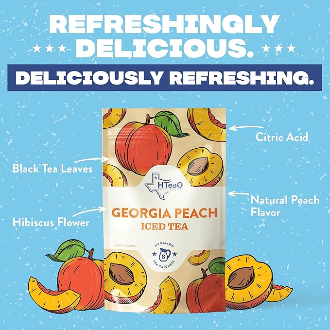 HTeaO Georgia Peach & Hibiscus Black Iced Tea Bags – Makes 4 Gallons in 5 Minutes – Large Tea Sachets for Parties, Family Gatherings, & Groups – Texas-Style Ice Tea Packets for Quick Brew (8-Count)
