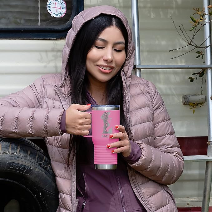 LaserGram 20oz Vacuum Insulated Travel Mug with Handle, Sushi, Personalized Engraving Included (Pink)