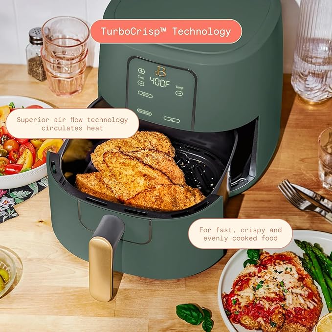 Beautiful 6 Qt Air Fryer with TurboCrisp Technology, EverGood Ceramic Nonstick Coating - Roast, Reheat and dehydrator, kitchen appliances by Drew Barrymore (Thyme Green)