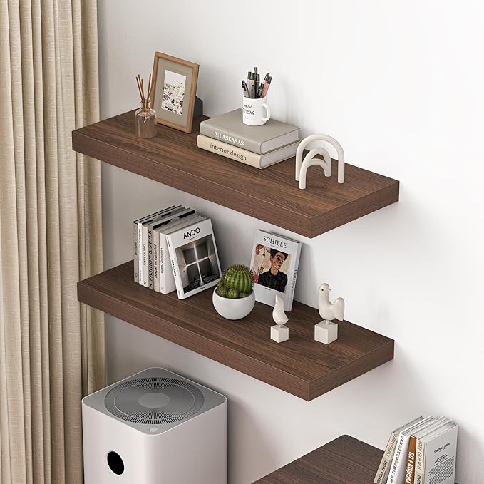 Dreamland 36" Floating Shelves for Wall, 12" Deep Thicker Walnut Floating Shelves, Wall-Mounted Shelves for Bedroom, Living Room, Kitchen, Bathroom - Set of 2