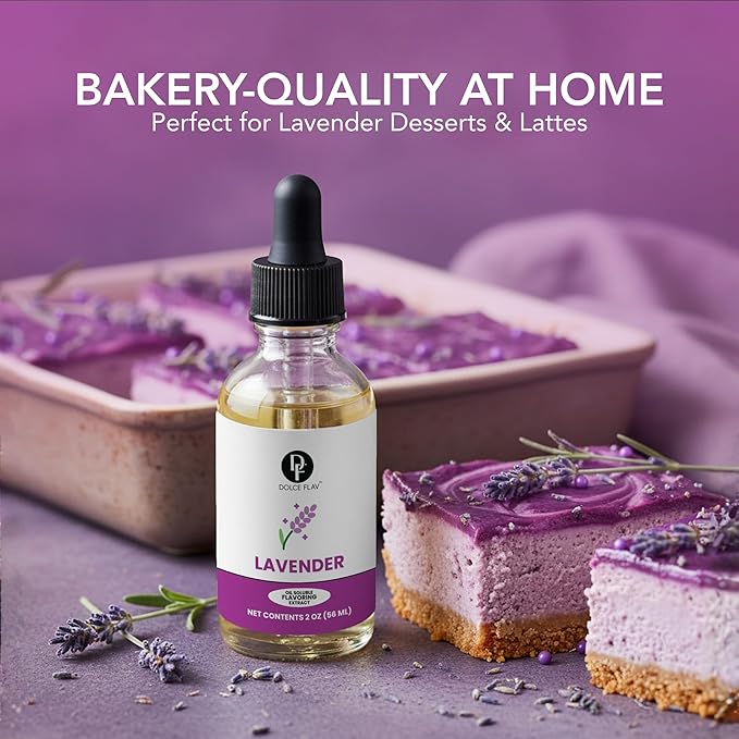 Dolce Flav Natural Lavender Extract – 2 Ounce Oil-Soluble Kosher, Sugar-Free, Concentrated Floral Lavender Flavoring for Baking, Chocolates & Desserts, Includes Measured Dropper