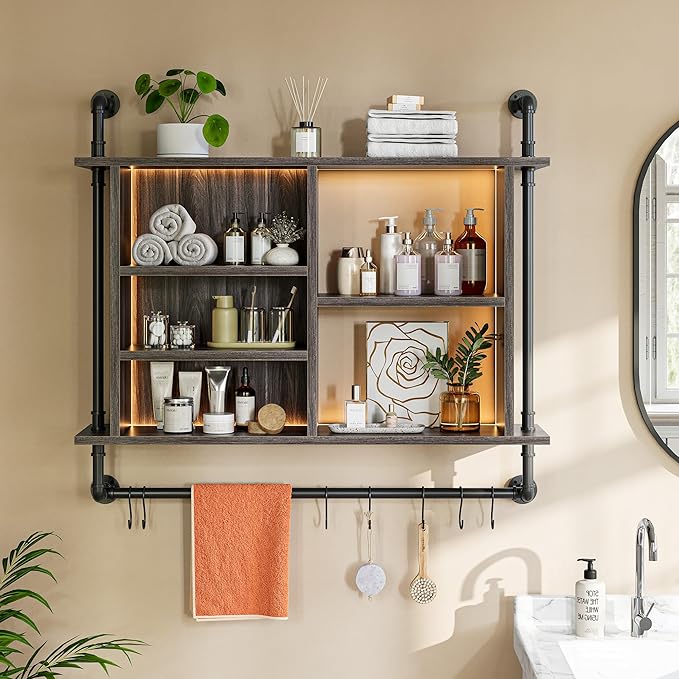REIBII 4-Tier Industrial Pipe Shelving, 37.4" Kitchen Shelf with LED Light, Floating Shelves with 8 S-Hooks for Kitchen, Living Room, Home Office Bar, Dark Grey