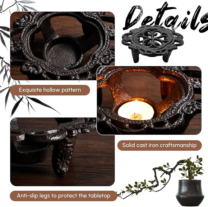 Menkxi Cast Iron Teapot Warmer Dish Cups Heater Pot Trivet with 30 Pieces Candles Heavy Duty Decorative Candle Holder Stands for Teapot Heat Food Coffee or Tea