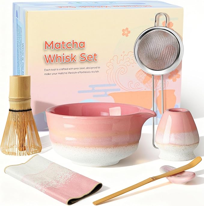 Matcha Whisk Set, Ceramic Matcha Kit Desert Style, Matcha Whisk and Bowl, Bamboo Scoop and Rest, Sifter and Tea Towel, 7 Pcs Gifts for Matcha Lover - Pink