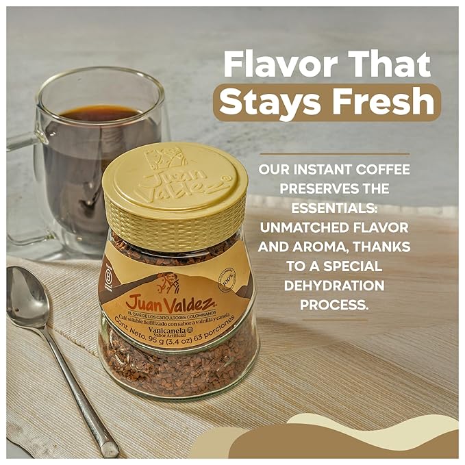 Juan Valdez Freeze-Dried Instant Coffee - Vanilla Cinnamon Flavor | 100% Colombian Arabica Beans | Sweet & Aromatic 100% Colombian Coffee | 3.35 oz / 95 g Jar | Easy to Prepare
