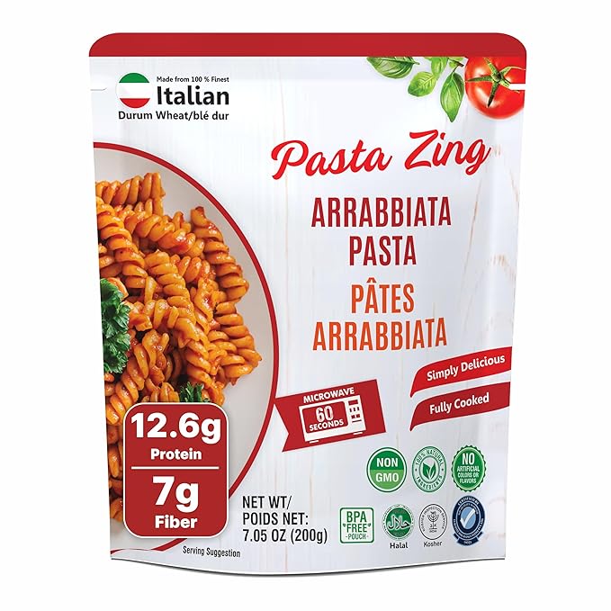 Pasta Zing Arrabbiata Pasta, Spicy Italian Al-Dente Fusilli, Ready in 1 Minute, Made with 100% Durum Wheat, 12.6g Protein 7g Fiber, Clean Label Shelf-Stable, 7.05 oz Pouch, Pack of 7