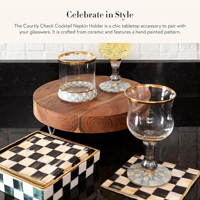 MACKENZIE-CHILDS Ceramic Cocktail-Napkin Holder, Kitchen Napkin Holder for Table and Countertop, Black-and-White Courtly Check